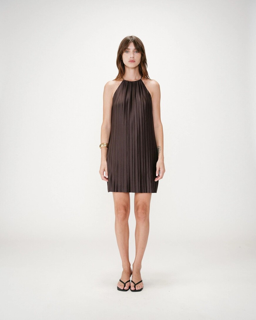 PLEATED SHORT HALTEMECK DRESS CHOCOLAT WILONA,L