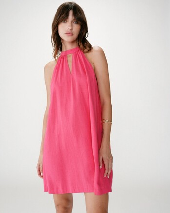 FLARED SHIORT LINEN DRESS WITH TIE-BACK FUCHSIA WHOLA