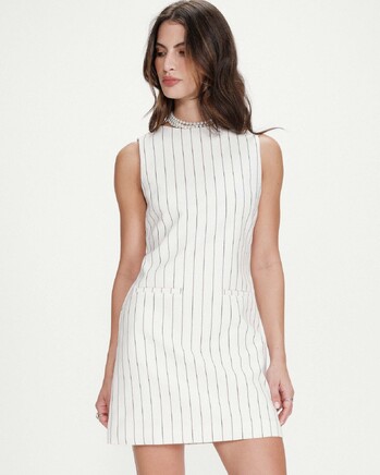 SHORT LINEN PINSTRIPE DRESS WHITE VEA