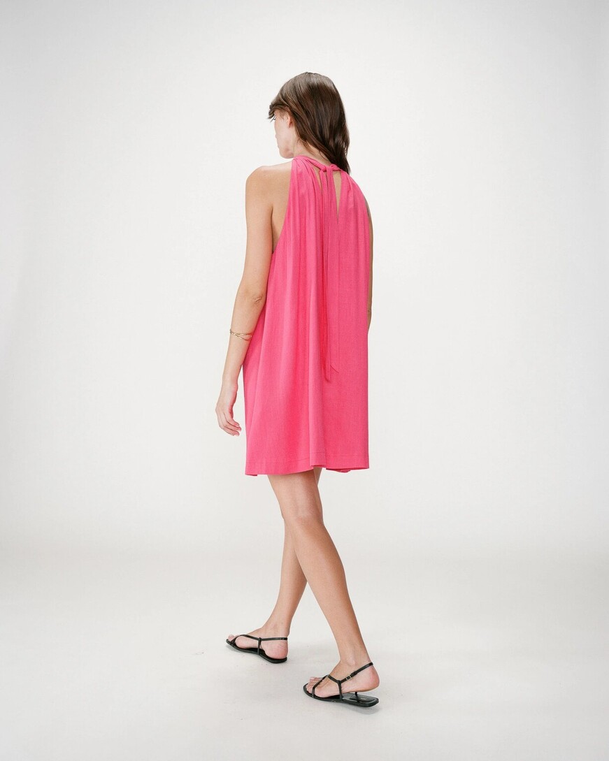 FLARED SHIORT LINEN DRESS WITH TIE-BACK FUCHSIA WHOLA