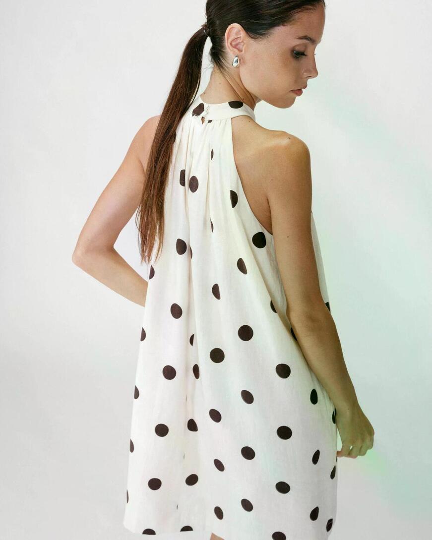 SLEEVELESS FLARED POLKA DOT SHORT DRESS ECRU WARNA,0