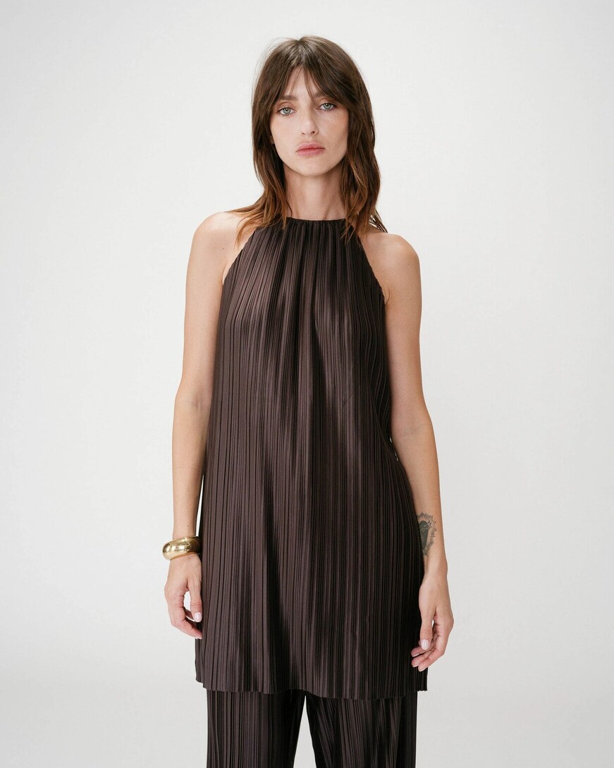 PLEATED SHORT HALTEMECK DRESS CHOCOLAT WILONA,L