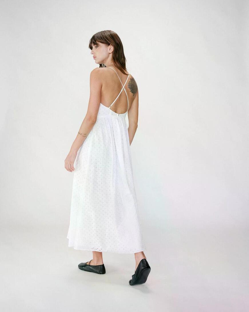 FLARED LONG V-NECK EYELET DRESS WHITE WIMALA,L