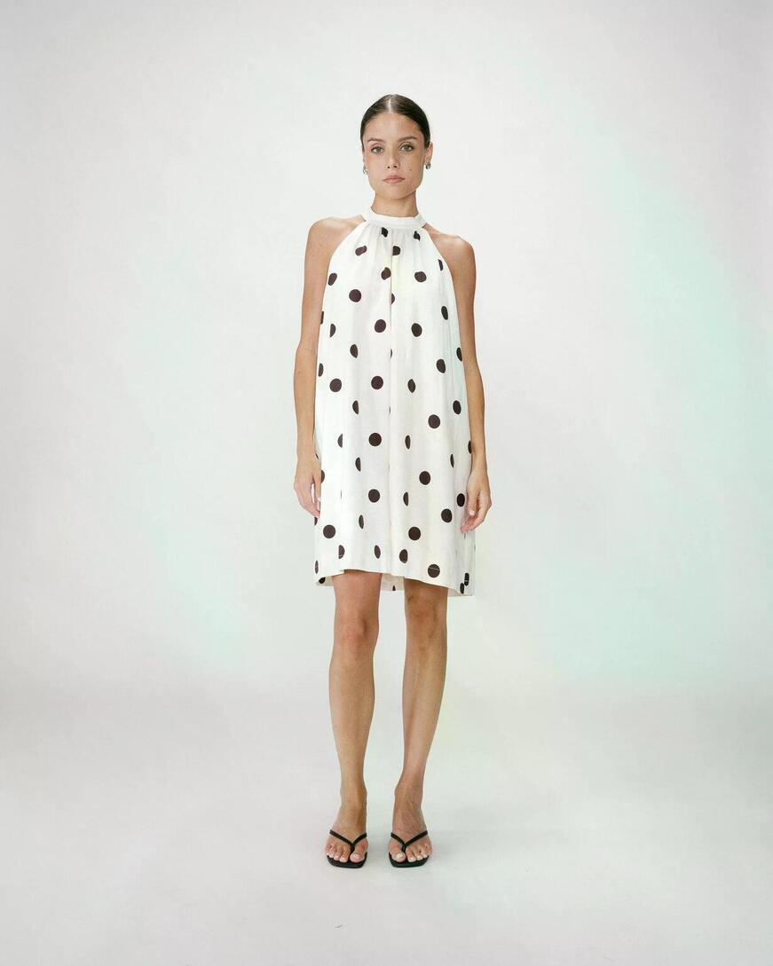 SLEEVELESS FLARED POLKA DOT SHORT DRESS ECRU WARNA,0