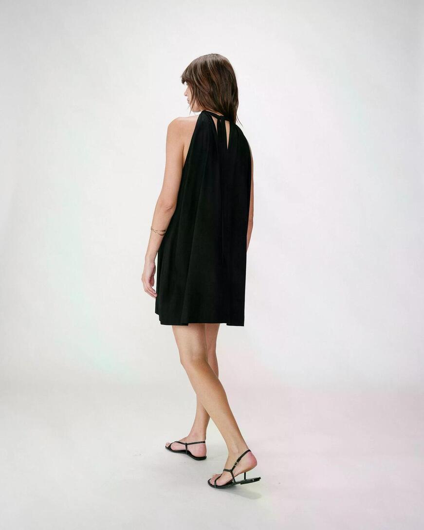 FLARED SHORT LINEN DRESS WITH TIE-BACK NOIR WHOLA,S