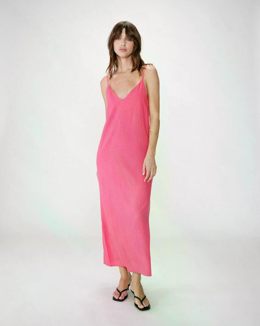 LONG LINEN DRESS WITH V-NECK AND TIED OPEN BACK  FUCHSIA WENDAL,M