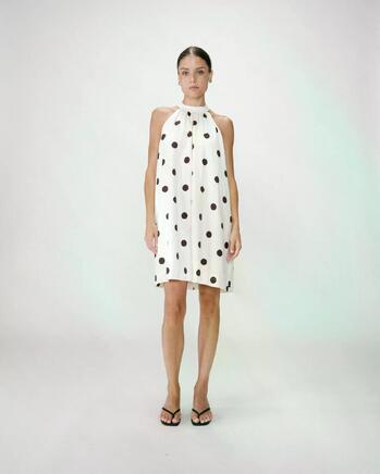 SLEEVELESS FLARED POLKA DOT SHORT DRESS ECRU WARNA