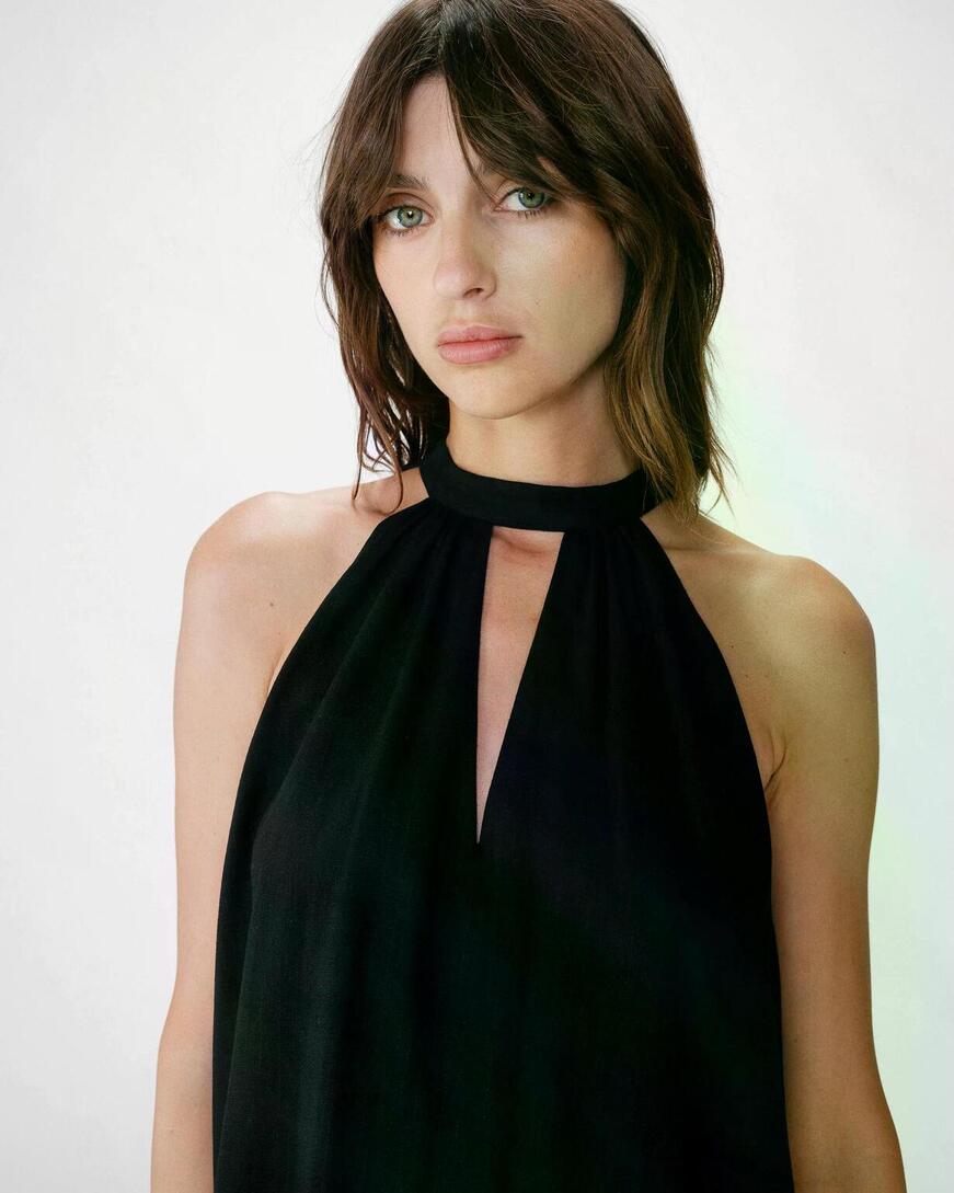 FLARED SHORT LINEN DRESS WITH TIE-BACK NOIR WHOLA,S