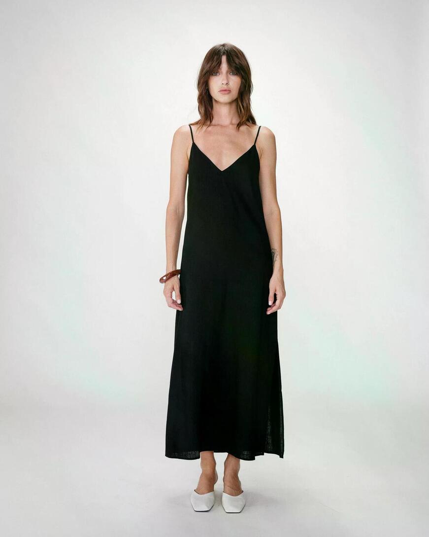 LONG LINEN DRESS WITH V-NECK AND TIED OPEN BACK  NOIR WENDAL
