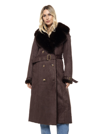 LONG SUEDE-LOOK COAT WITH A PLUSH FAUX FUR COLLAR 