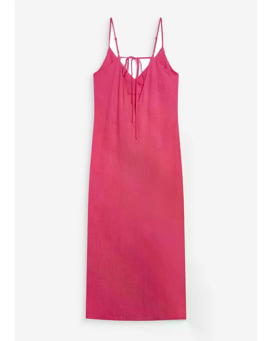 LONG LINEN DRESS WITH V-NECK AND TIED OPEN BACK  FUCHSIA WENDAL,M