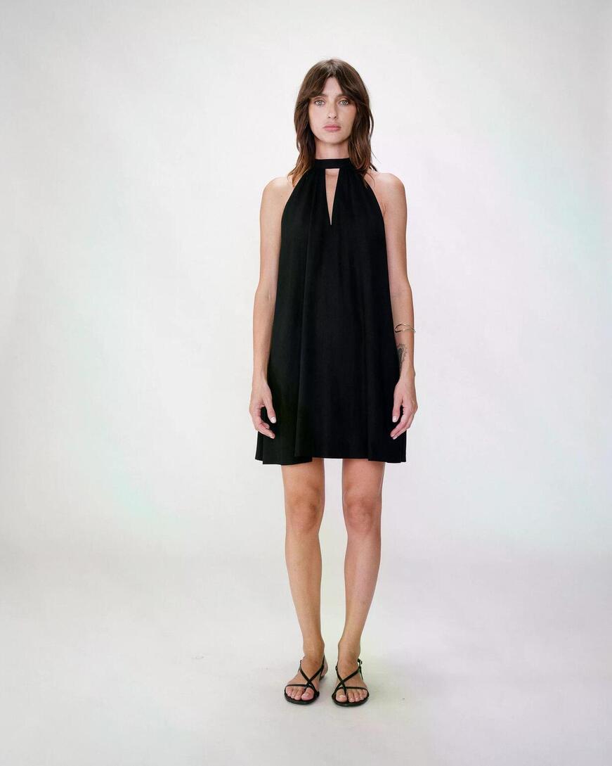 FLARED SHORT LINEN DRESS WITH TIE-BACK NOIR WHOLA,S