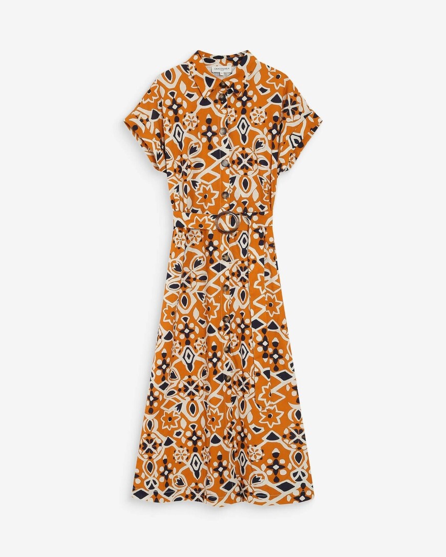 LONG PRINTED DRESS COGNAC VIRGINIA