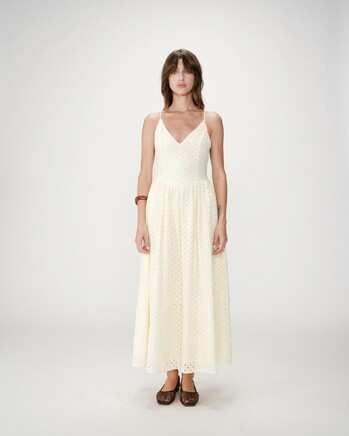 FLARED LONG V-NECK EYELET DRESS JAUNE WIMALA
