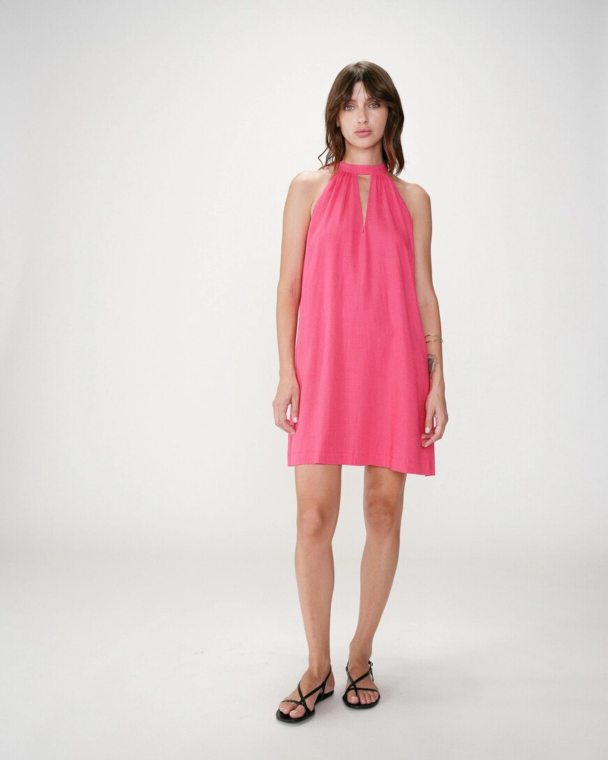 FLARED SHIORT LINEN DRESS WITH TIE-BACK FUCHSIA WHOLA