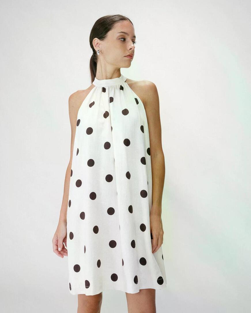 SLEEVELESS FLARED POLKA DOT SHORT DRESS ECRU WARNA,0