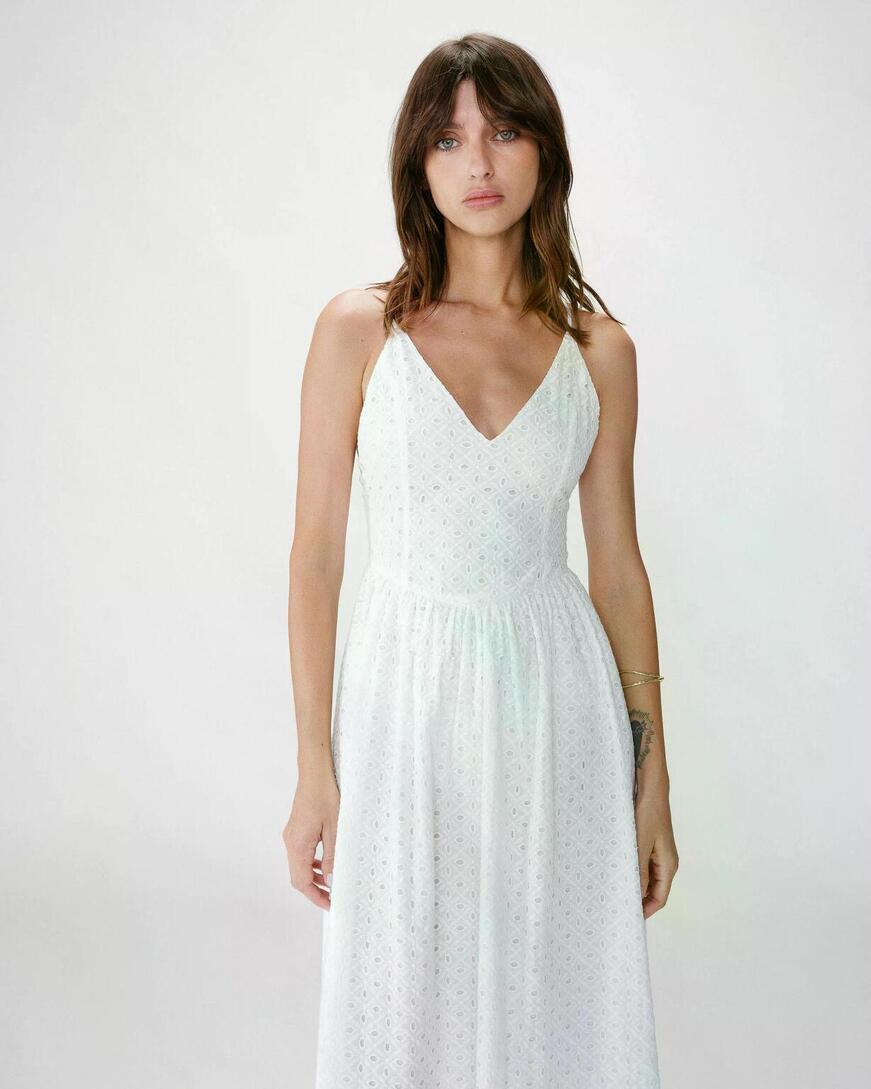 FLARED LONG V-NECK EYELET DRESS WHITE WIMALA,L