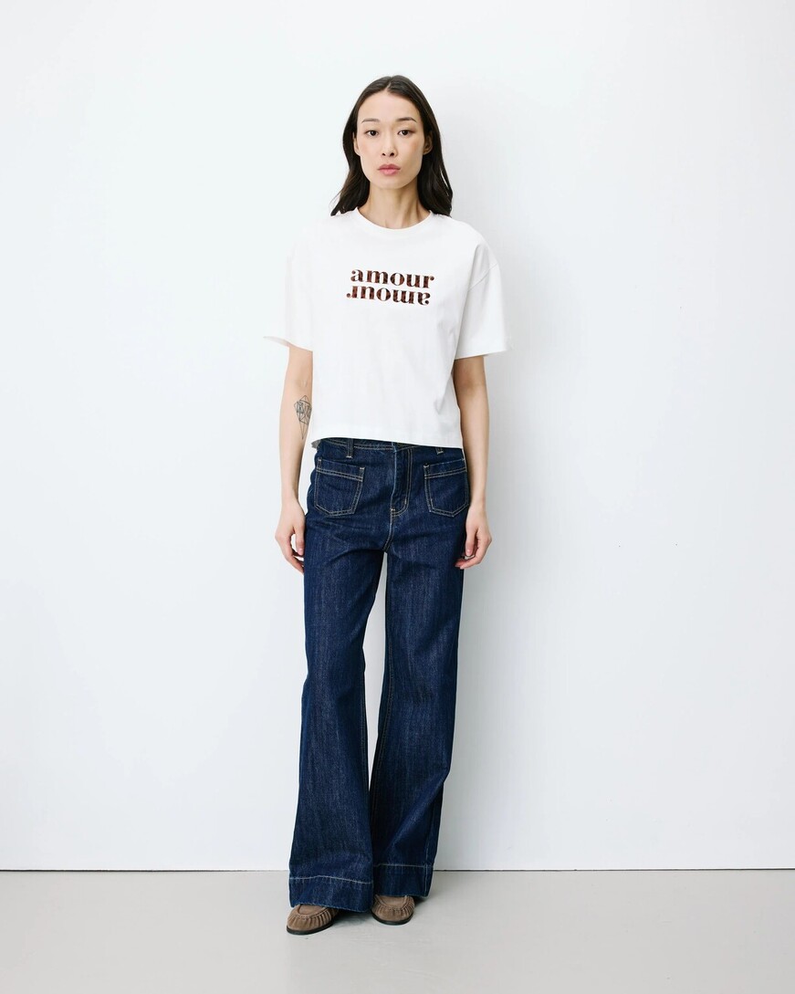 IVORY SHORT-SLEEVED COTTON T-SHIRT WITH LETTERING ANIS