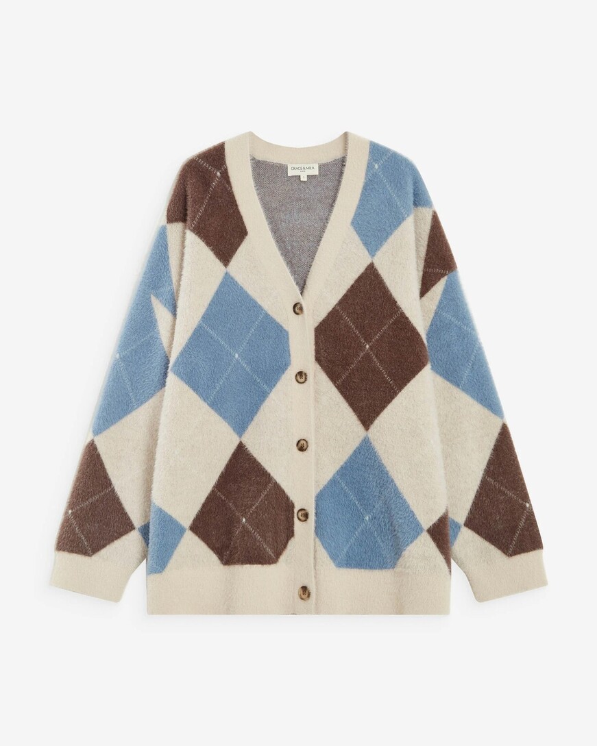 ARGYLE V-NECK CARDIGAN BLUET ALEXAN