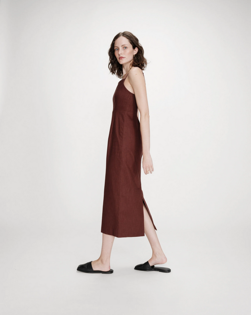 FITTED LINEN LONG DRESS CHOCOLAT VERANYS,L