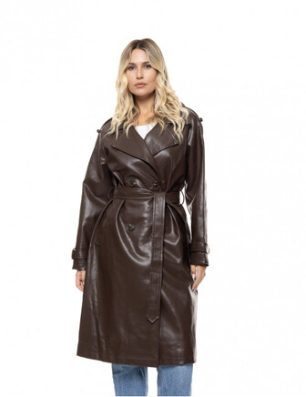 LEATHER-LOOK TRENCH COAT BROWN WITH A BELT