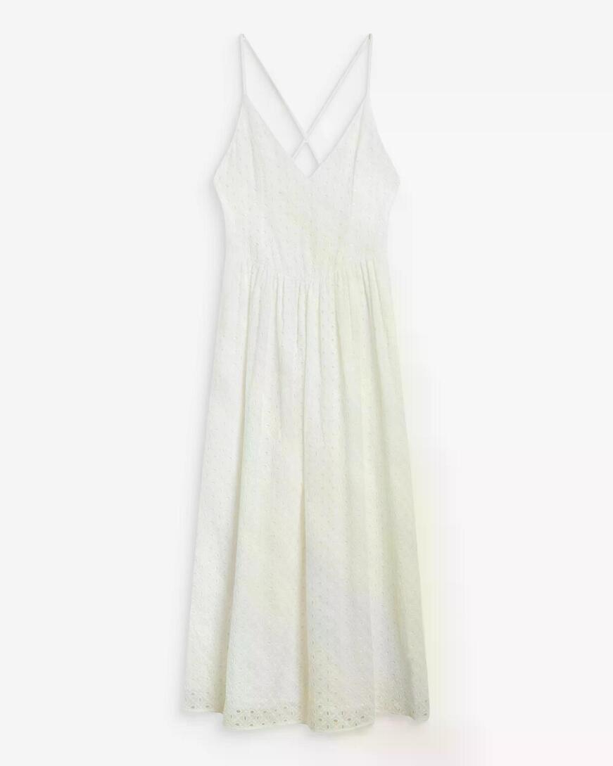 FLARED LONG V-NECK EYELET DRESS WHITE WIMALA,L