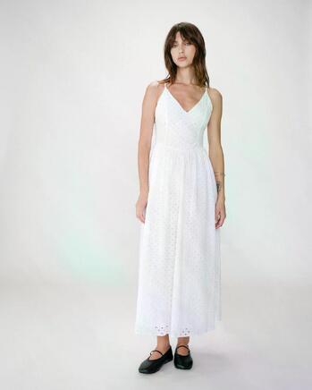 FLARED LONG V-NECK EYELET DRESS WHITE WIMALA