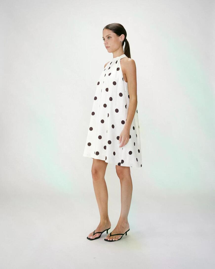 SLEEVELESS FLARED POLKA DOT SHORT DRESS ECRU WARNA,0