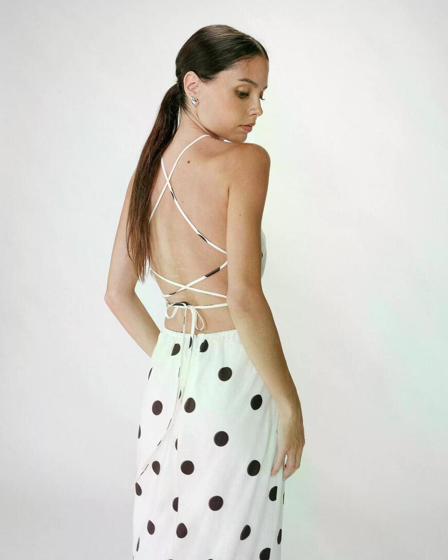 FITTED POLKA DOT LONG DRESS WITH OPEN BACK ECRU WYELLA,M