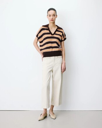 SHORT-SLEEVE STRIPED KNIT POLO CHOCOLAT AIZEN