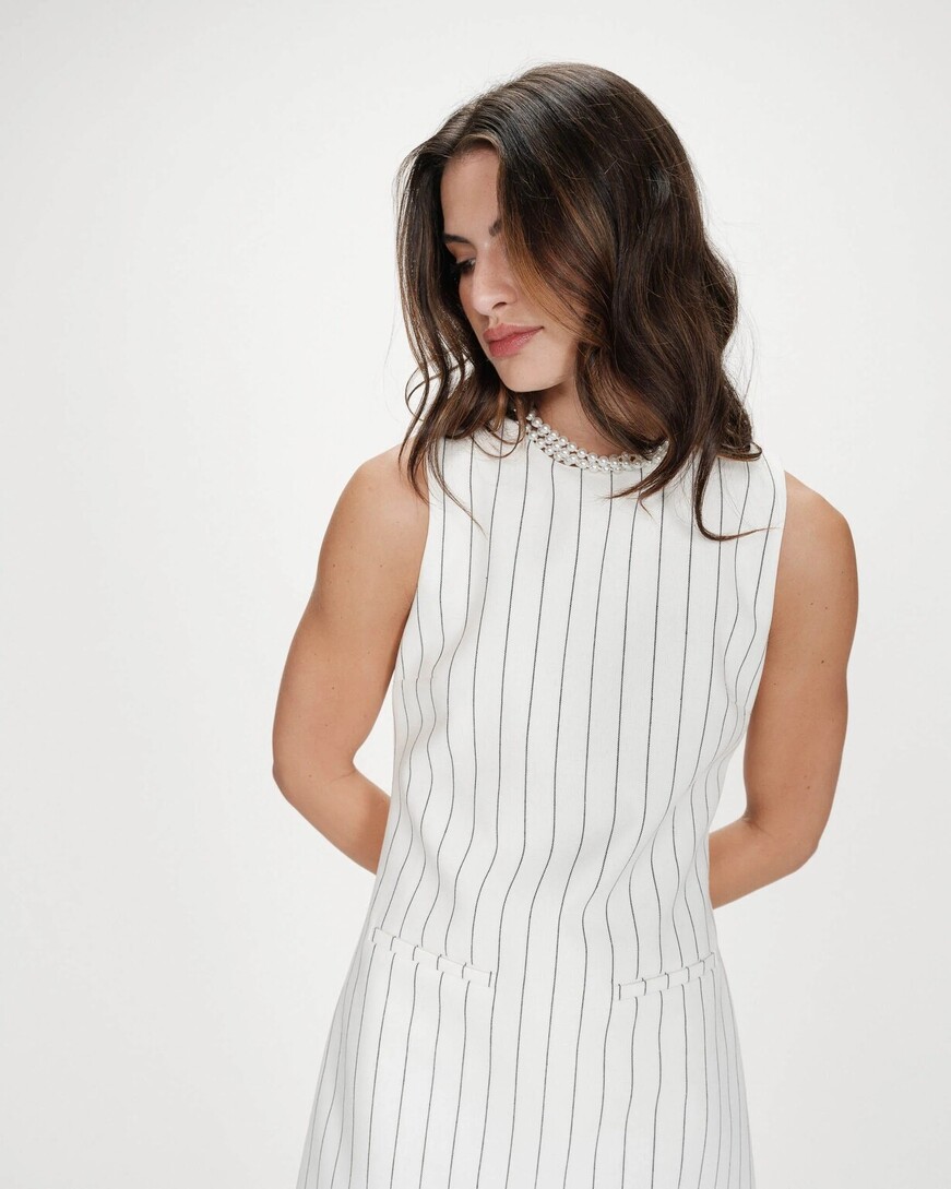  SHORT LINEN PINSTRIPE DRESS WHITE VEA