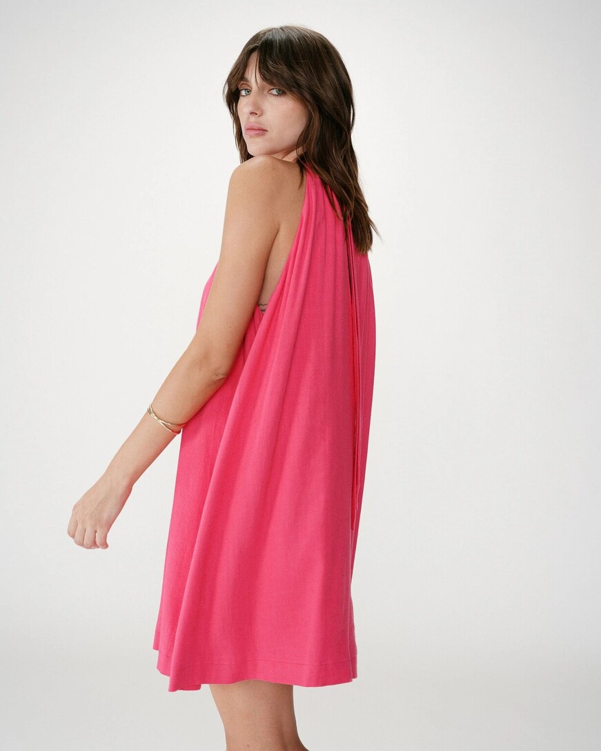 FLARED SHIORT LINEN DRESS WITH TIE-BACK FUCHSIA WHOLA