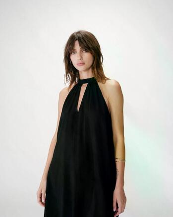 FLARED SHORT LINEN DRESS WITH TIE-BACK NOIR WHOLA